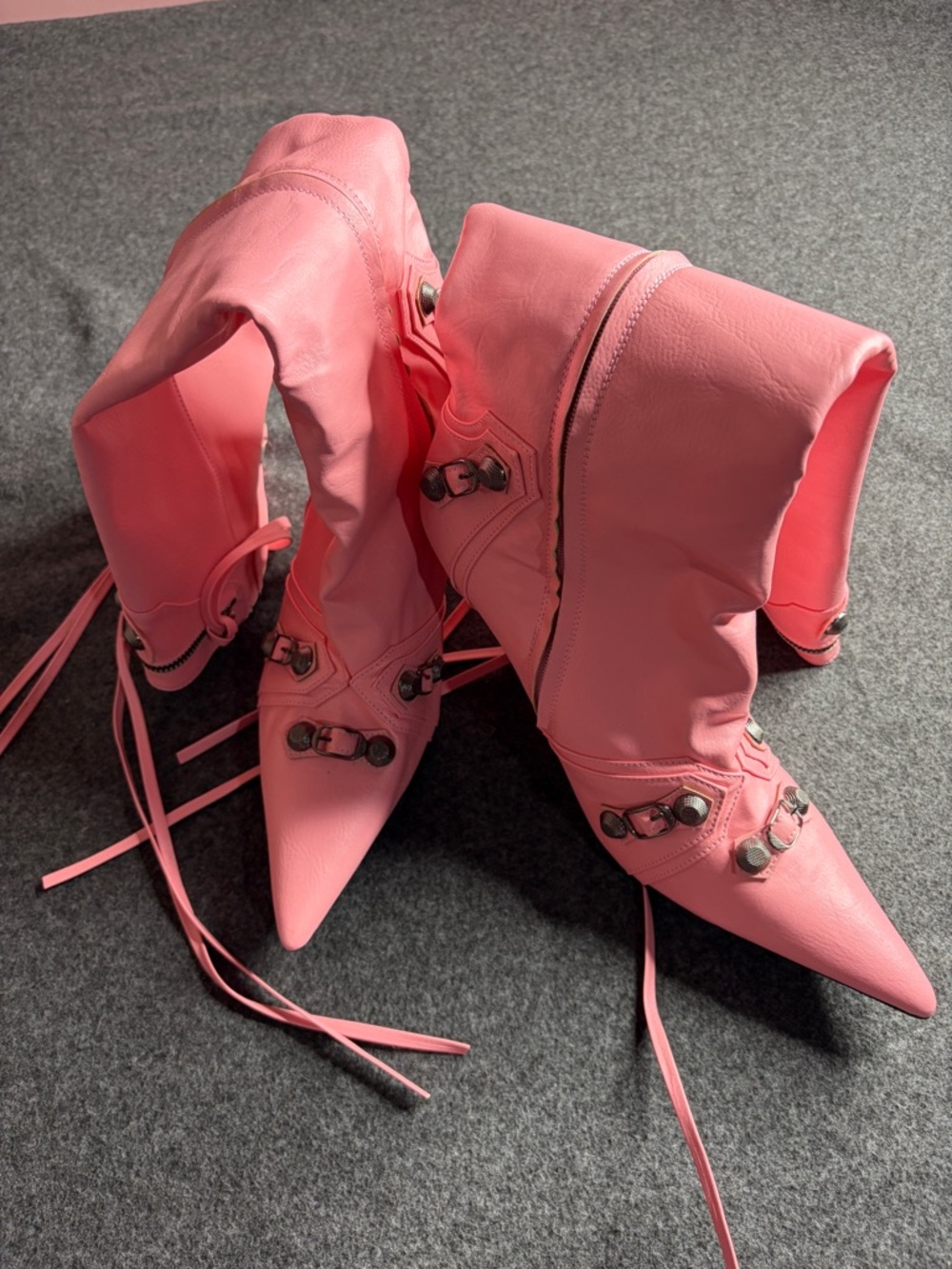 Pointed Lace-Up Ankle Booties in Pink